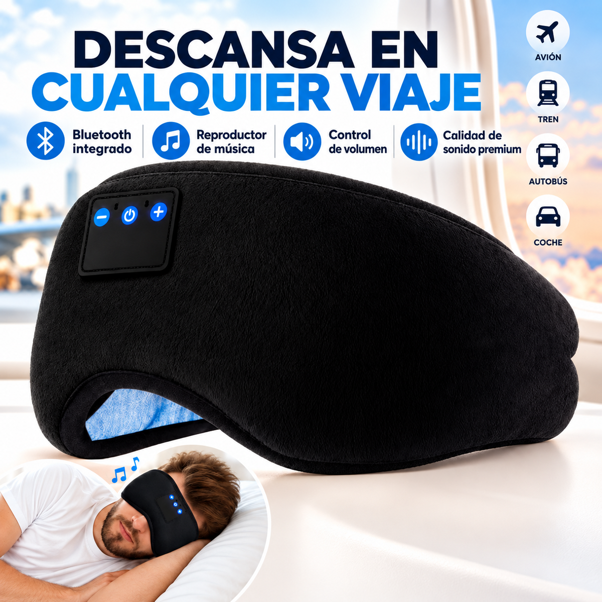 Abrazo Viajero® Máscara de Sueño Bluetooth 3D Premium